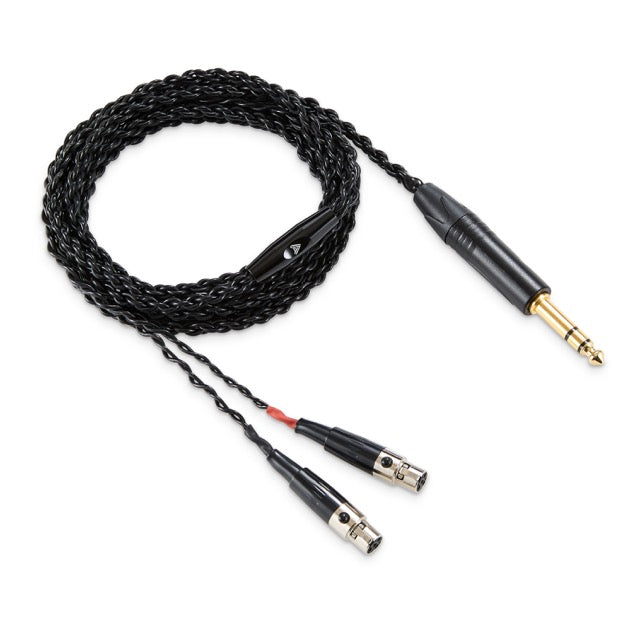 Black braided audio cable with a 1/4" gold-plated connector and dual XLRmale connectors, ideal for professional use.