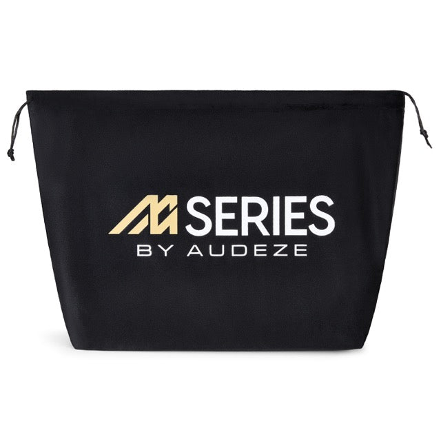 Black canvas storage bag with drawstring closure, featuring gold "M SERIES BY AUDEZE" logo. Ideal for organization.