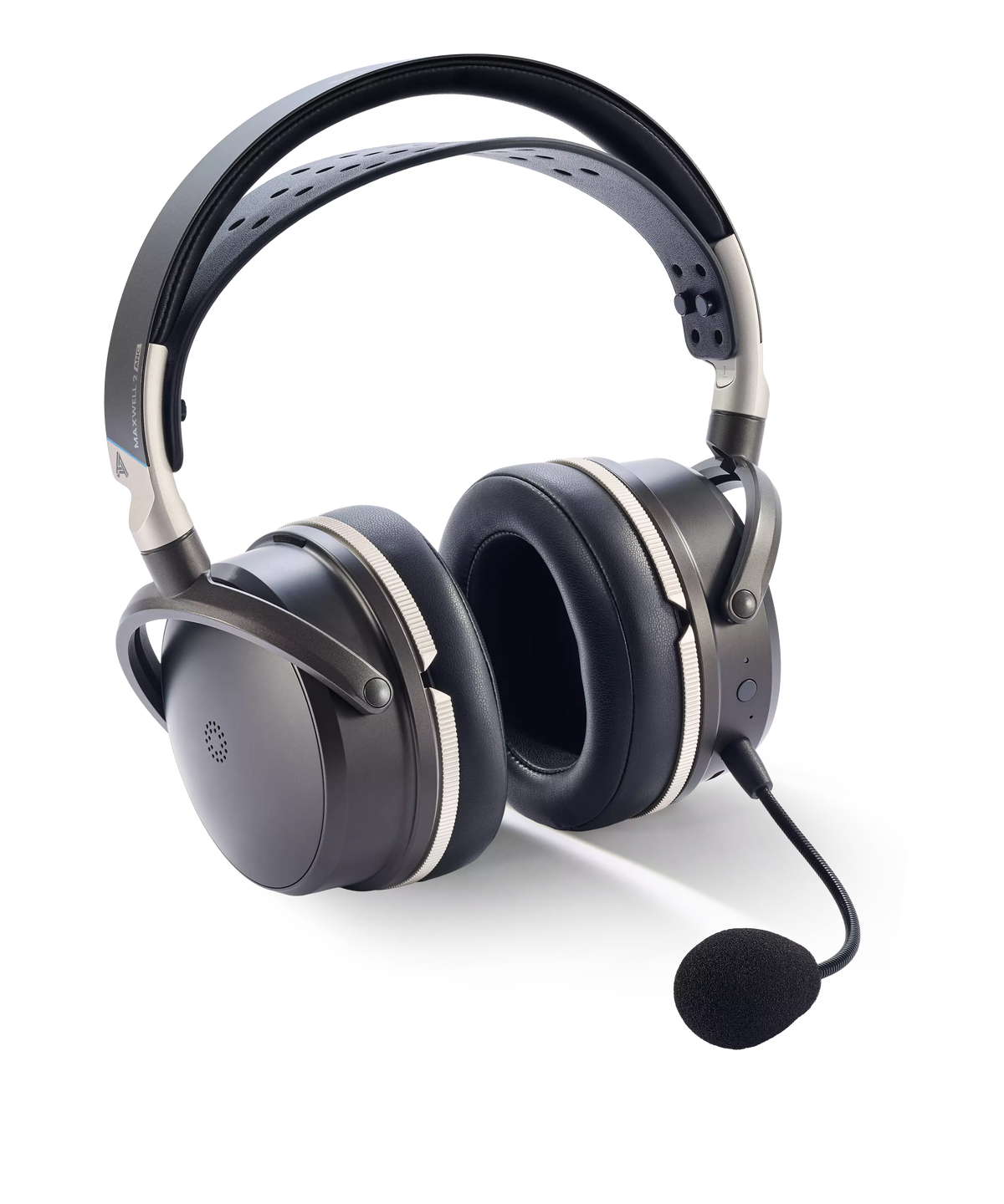 Black and silver over-ear gaming headset with adjustable headband and detachable microphone.