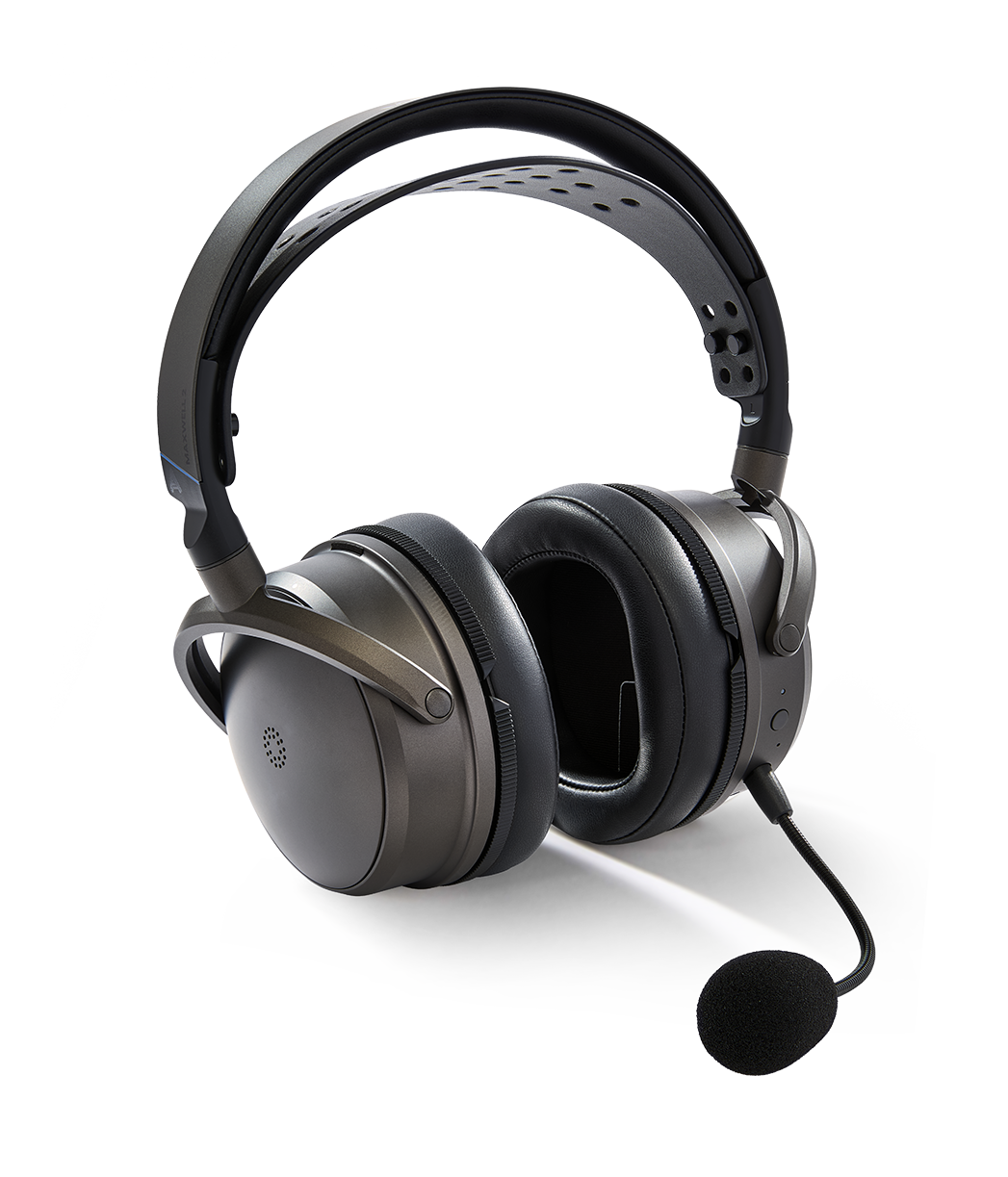 Pair of over-ear headphones with a microphone on a white background