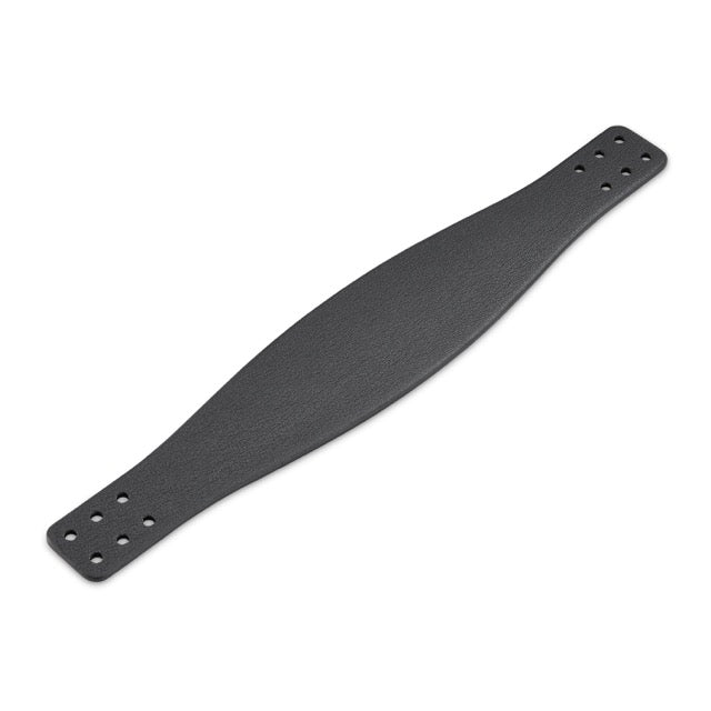 Black leather watch strap with a sleek, narrow design and multiple holes for adjustable sizing.