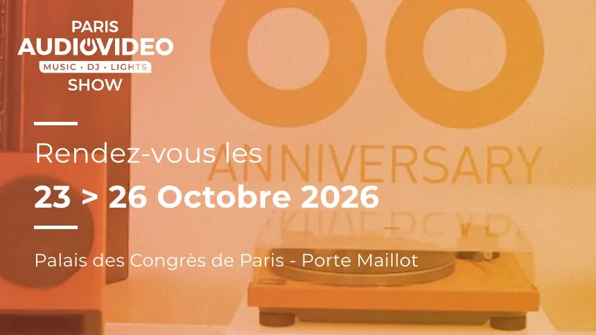 Advertisement for Paris AudioVideo Music & DJ Lights Show with event details and record player graphic.