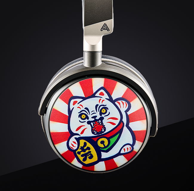 Vibrant white cat illustration on silver headphones with a red and white sunburst background, featuring a playful design.